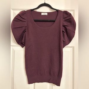 Co Deep Plum Puff Sleeved Merino Wool Short Sleeved Sweater